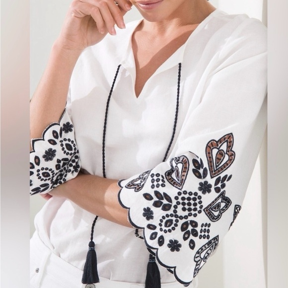 Chico's Linen Blend Blouse with Navy Blue Embroidery - Picture 2 of 11